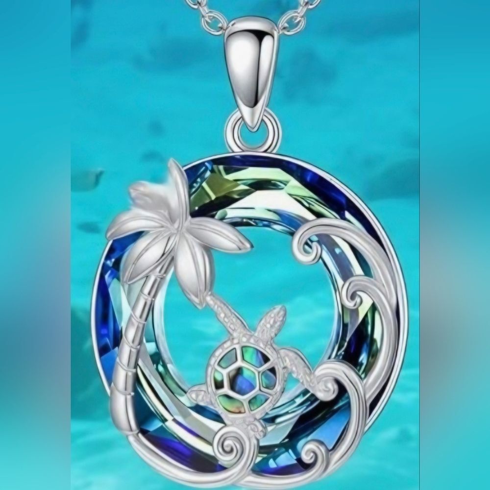 📷💬🩵⏭️NIB Blue Crystal Sterling Silver Sea Turtle Tropical Pendant Necklace